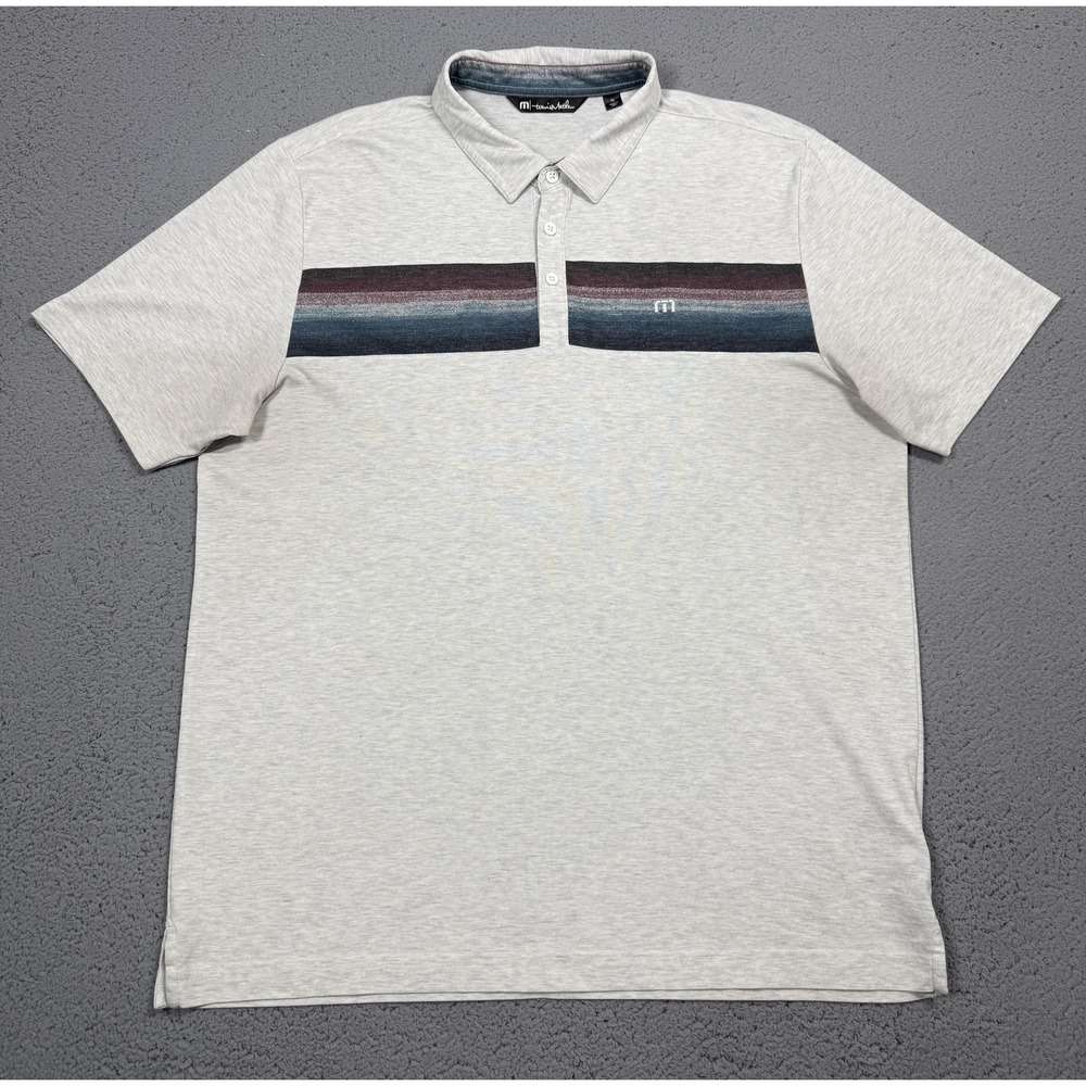 Travis Mathew Polo Shirt Mens XL Gray Chest Stripe Golf Performance Stretch